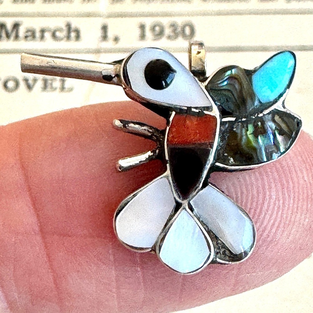 Hummingbird Zuni Pendant Turquoise Coral Multi Stone Inlay 16mm Sterling‎ Native